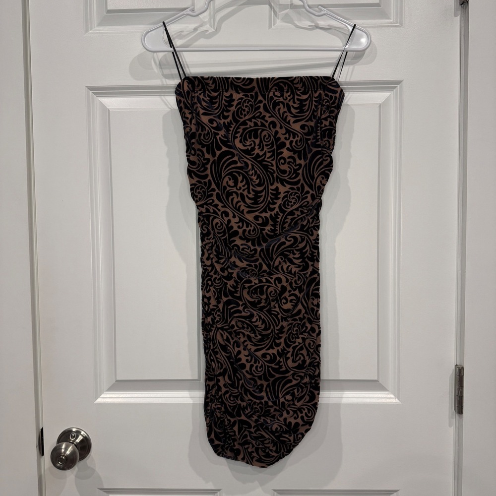 Windsor Black Velvet Damask Ruched Bodycon Mini Dress Tan‎ Nude Size Small